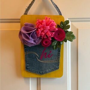 Yellow Wall Hanging with Denim Pocket and Felt Flowers